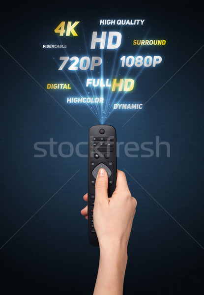 Hand with remote control and multimedia properties Stock photo © ra2studio