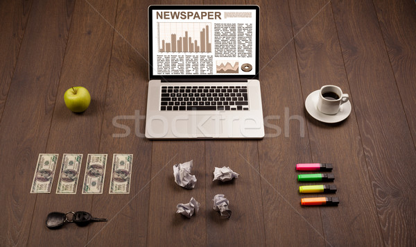 Business Laptop Aktienmarkt Bericht Holz Schreibtisch Stock foto © ra2studio