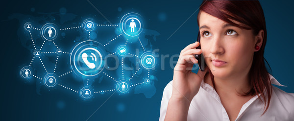 Stockfoto: Mooie · meisje · telefoongesprek · iconen