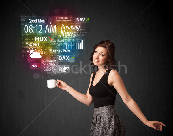 Businesswoman holding a white cup with daily news and informatio Stock photo © ra2studio
