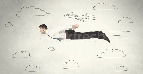 Cheerful business person flying between hand drawn sky clouds Stock photo © ra2studio