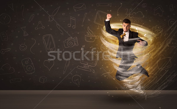 Szczęśliwy biznesmen skoki tornado brązowy działalności Zdjęcia stock © ra2studio