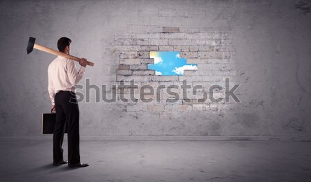 Business man hitting brick wall with hammer Stock photo © ra2studio