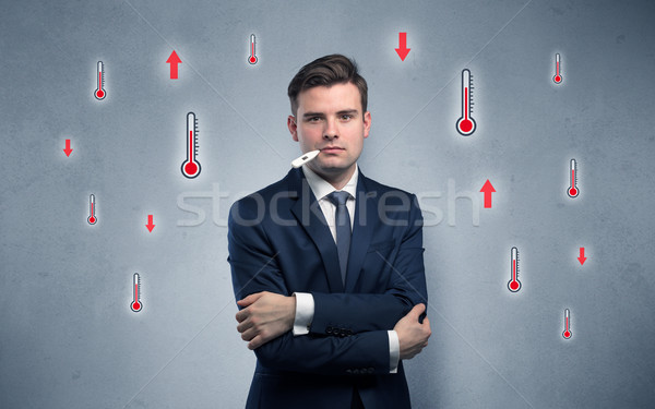 Stockfoto: Zakenman · thermometer · koorts · jonge · moe · werk