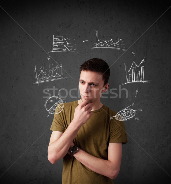 Young man thinking with charts circulation around his head Stock photo © ra2studio