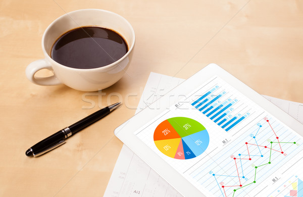 Stock photo: Tablet pc shows charts on screen with a cup of coffee on a desk