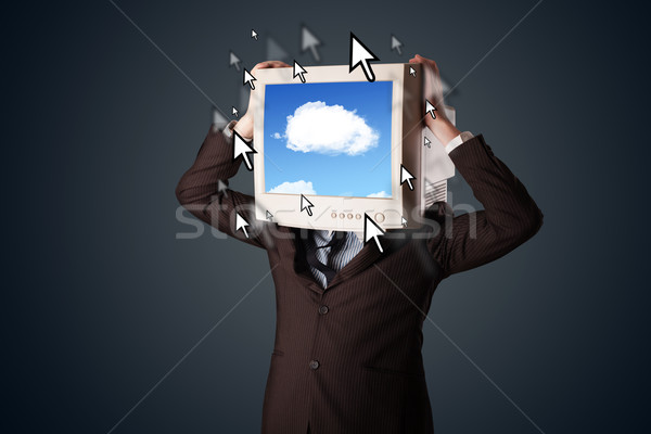 Homme d'affaires suivre tête nuage écran sombre [[stock_photo]] © ra2studio