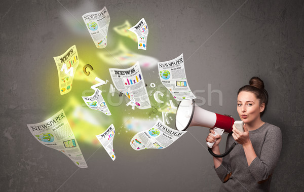 Lány kiabál hangfal újságok légy ki Stock fotó © ra2studio