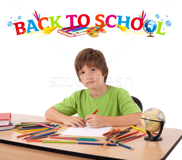 Kid with back to school theme isolated on white Stock photo © ra2studio