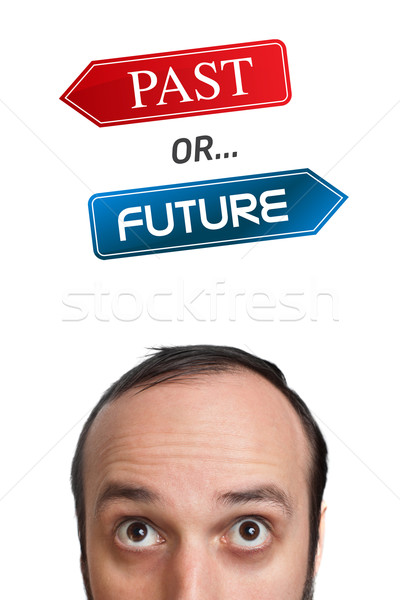 Young head looking at positive negative signs Stock photo © ra2studio