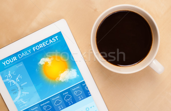 Munkahely táblagép mutat időjárás előrejelzés csésze Stock fotó © ra2studio