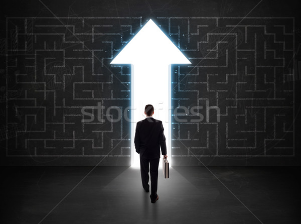 Business person looking at maze with solution arrow on the wall Stock photo © ra2studio