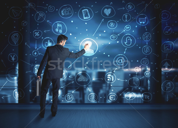 [[stock_photo]]: Affaires · dessin · médias · sociaux · connexion · verre · fenêtre