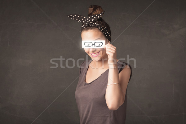 Fille heureuse regarder dessinés à la main papier oeil verres [[stock_photo]] © ra2studio