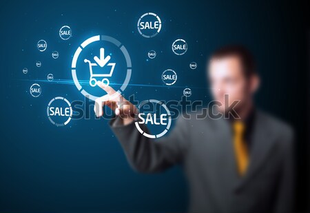 Stock photo: Businessman pressing promotion and shipping type of modern buttons