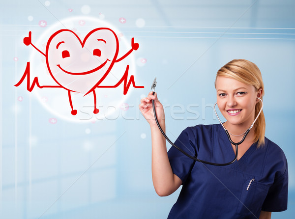 Foto stock: Atractivo · médico · feliz · rojo · sonriendo · corazón