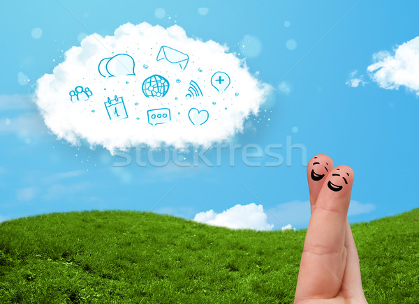 Stock fotó: Boldog · derűs · emotikon · ujjak · néz · felhő