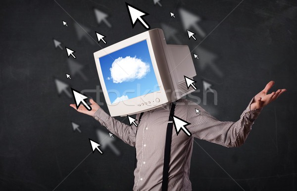 Business man with a monitor on his head, cloud system and pointe Stock photo © ra2studio