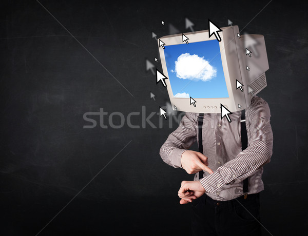 Business man with a monitor on his head, cloud system and pointe Stock photo © ra2studio
