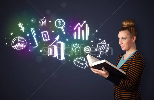 Young lady reading a book with business icons Stock photo © ra2studio