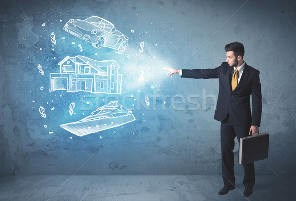 Rich person throwing hand drawn car yacht and house Stock photo © ra2studio