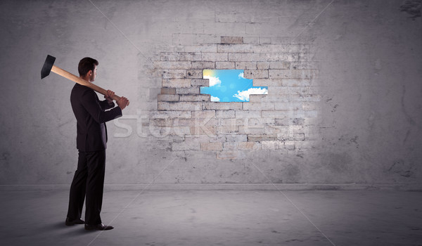 Business man hitting brick wall with hammer Stock photo © ra2studio