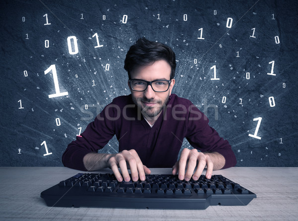 Online intruder geek guy hacking codes Stock photo © ra2studio
