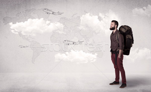 Junger Mann Rucksack gut aussehend stehen zurück Flugzeuge Stock foto © ra2studio