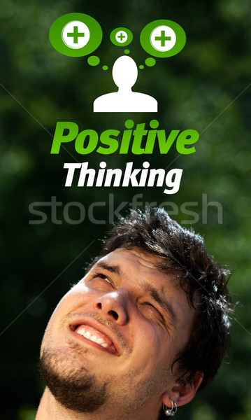 Młodych głowie patrząc pozytywny negatywne znaki Zdjęcia stock © ra2studio