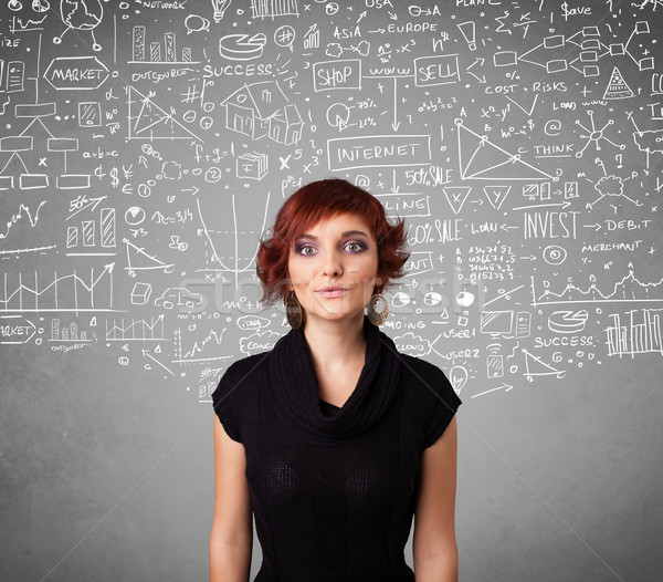 Young pretty lady with hand drawn calculations and icons Stock photo © ra2studio