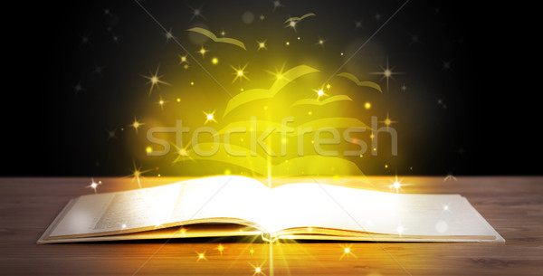 Open book with golden glow flying paper pages Stock photo © ra2studio