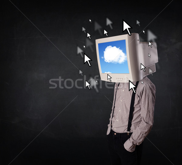 Business man with a monitor on his head, cloud system and pointe Stock photo © ra2studio