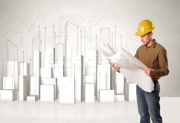 Construction worker planing with 3d buildings in background  Stock photo © ra2studio