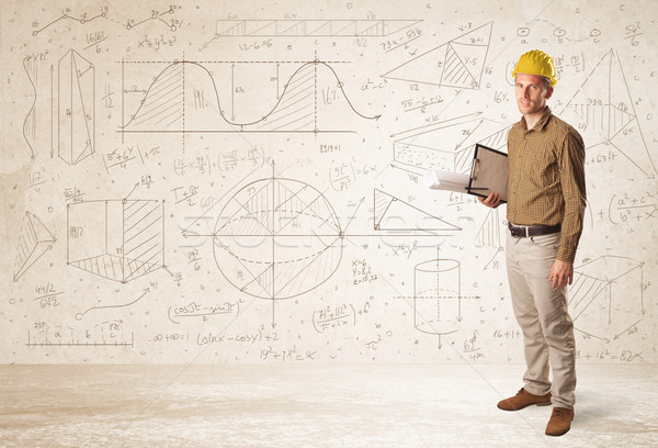 Jóképű mérnök kézzel rajzolt üzlet épület építkezés Stock fotó © ra2studio
