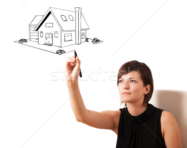 Foto stock: Mulher · jovem · desenho · casa · isolado · branco