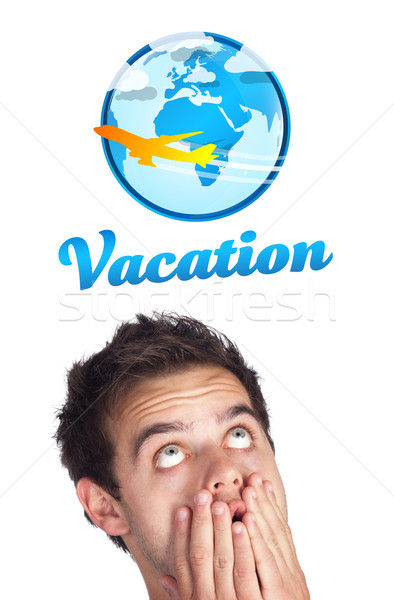 [[stock_photo]]: Jeunes · tête · regarder · vacances · type · signe