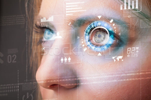 Toekomst vrouw technologie oog paneel computer Stockfoto © ra2studio