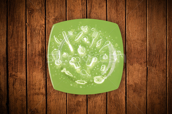 Colorful plate with hand drawn icons, symbols, vegetables and fruits on grungy background Stock photo © ra2studio
