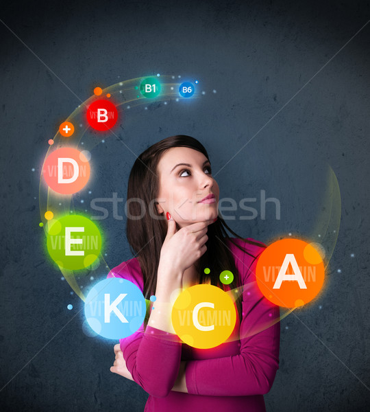 Young woman thinking with vitamins circulation around her head Stock photo © ra2studio