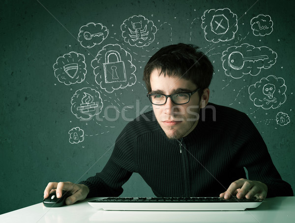 Jonge nerd hacker virus hacking gedachten Stockfoto © ra2studio