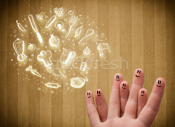 Cheerful finger smileys with food and kitchen hand drawn icons Stock photo © ra2studio