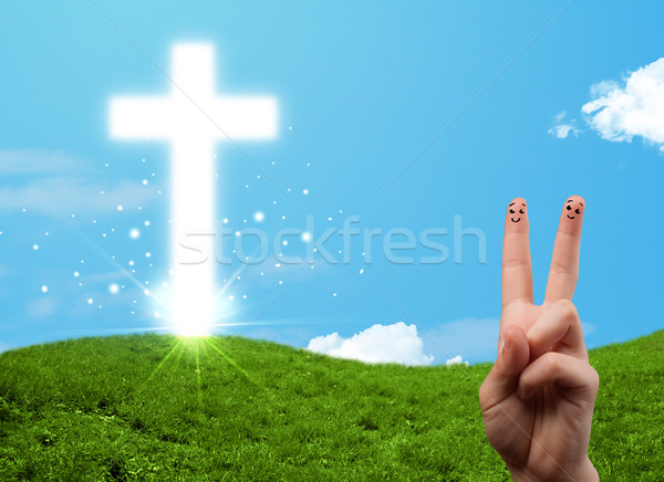 [[stock_photo]]: Heureux · doigt · smileys · christian · religion · croix