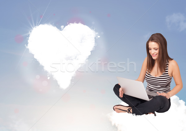 Beautiful lovely woman sitting on cloud with heart Stock photo © ra2studio