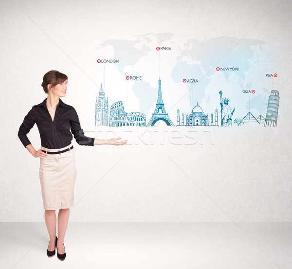 Stock foto: Business · woman · Karte · berühmt · Städte · Hand