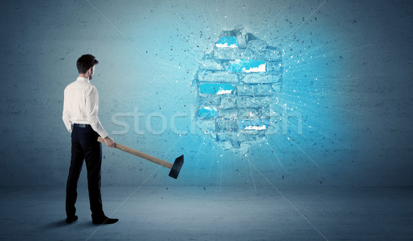 Homem de negócios parede de tijolos enorme martelo sujo construção Foto stock © ra2studio