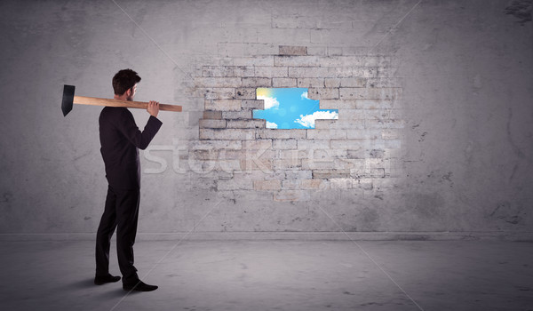 Business man hitting brick wall with hammer Stock photo © ra2studio