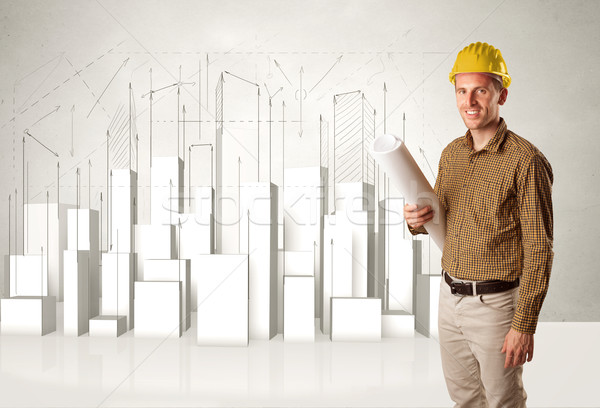 Construction worker planing with 3d buildings in background  Stock photo © ra2studio