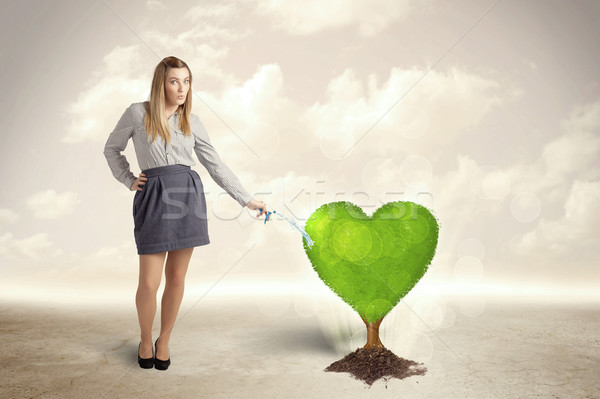 Business woman watering heart shaped green tree Stock photo © ra2studio
