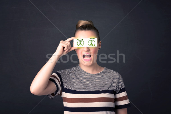 Stock foto: Junge · Mädchen · halten · Papier · grünen · Dollarzeichen · Business