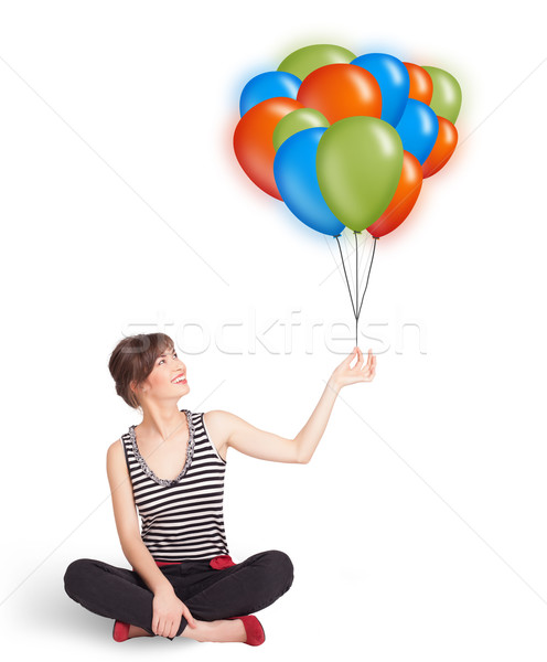 Jonge vrouw kleurrijk ballonnen mooie vrouw Stockfoto © ra2studio